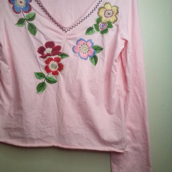 White Stag Blouse S Long Sleeve Embroidery Flowers V-Neck Pink - Picture 10 of 15